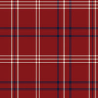A close-up view showcases a textured wallpaper or fabric design with a rich crimson red background.
The material features a classic tartan plaid pattern comprised of intersecting vertical and horizontal lines.
Thick, dark navy blue stripes run horizontally across the surface, creating bold squares.
Fine, crisp white and beige lines run both vertically and horizontally, providing sharp definition.
The thin white stripes are clustered closely together, adding a detailed geometric layer to the grid.
