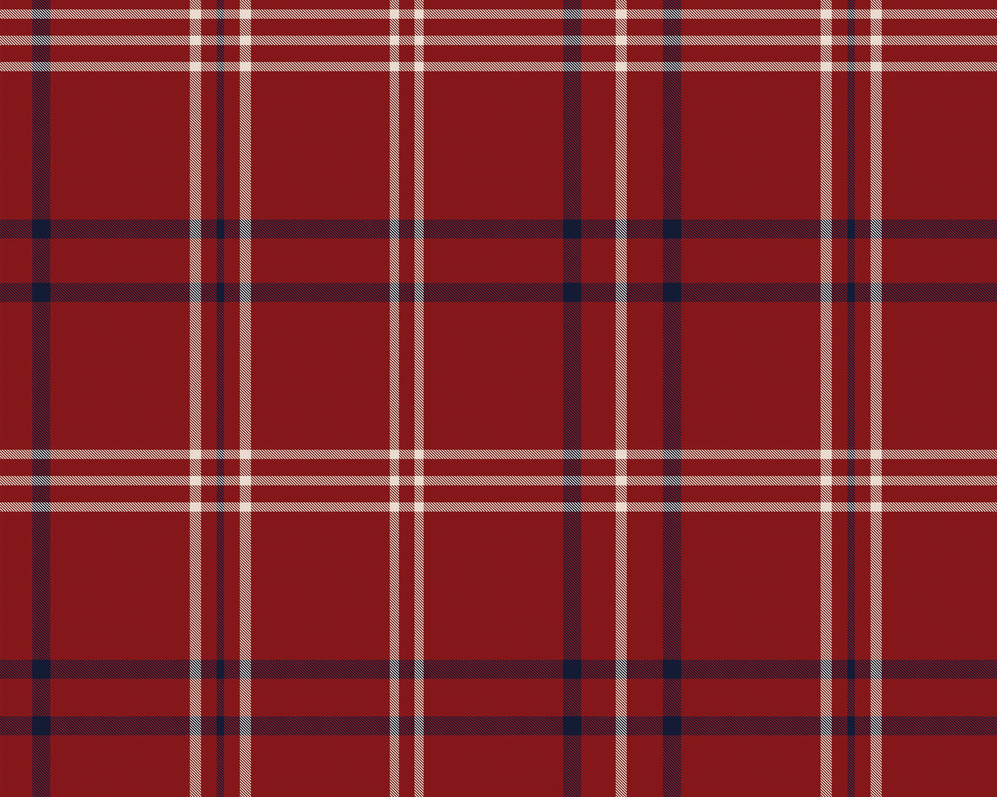 A close-up view showcases a textured wallpaper or fabric design with a rich crimson red background.
The material features a classic tartan plaid pattern comprised of intersecting vertical and horizontal lines.
Thick, dark navy blue stripes run horizontally across the surface, creating bold squares.
Fine, crisp white and beige lines run both vertically and horizontally, providing sharp definition.
The thin white stripes are clustered closely together, adding a detailed geometric layer to the grid.
