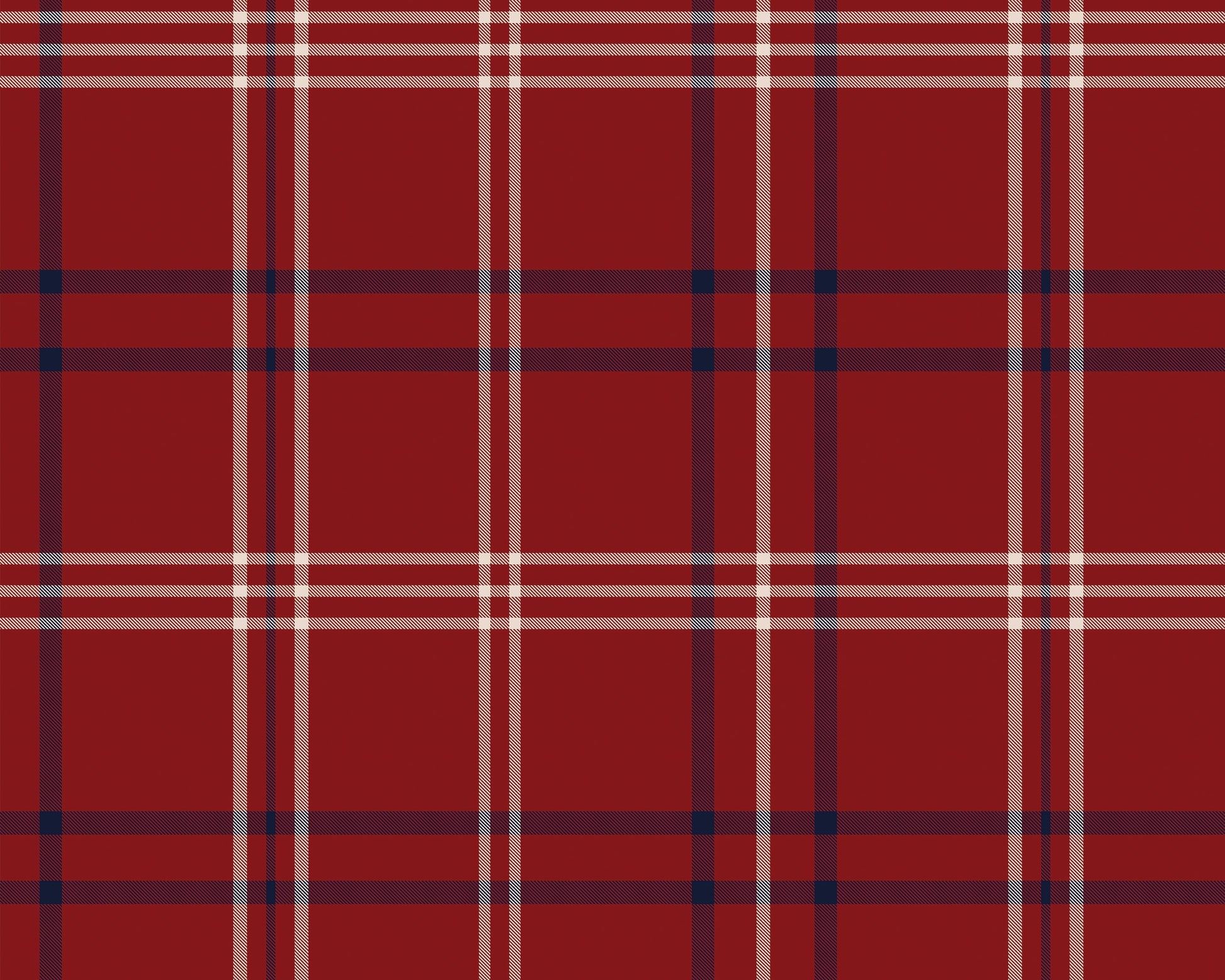 A close-up view showcases a textured wallpaper or fabric design with a rich crimson red background.
The material features a classic tartan plaid pattern comprised of intersecting vertical and horizontal lines.
Thick, dark navy blue stripes run horizontally across the surface, creating bold squares.
Fine, crisp white and beige lines run both vertically and horizontally, providing sharp definition.
The thin white stripes are clustered closely together, adding a detailed geometric layer to the grid.
