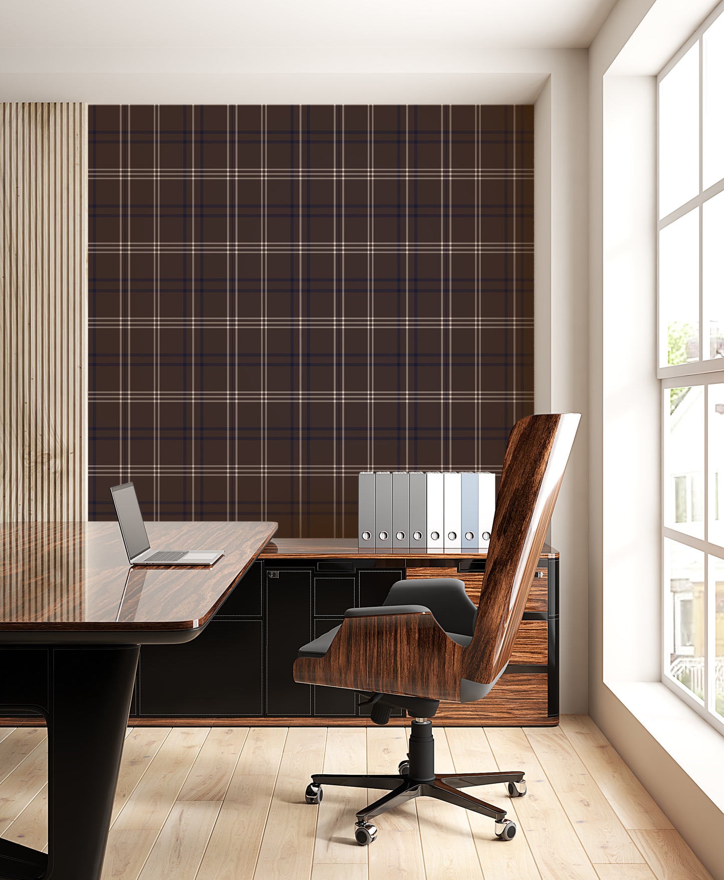 A bright, modern office features a desk setup with a brown plaid accent wall.
A glossy, dark wood desk holds an open laptop on its shiny surface.
Behind the desk, a matching storage cabinet holds a row of grey binders.
A high-backed office chair with a rich wood grain back faces the desk.
Light pours in from a large window on the right side of the room.
The room is complete with light-colored wood flooring and clean white walls.