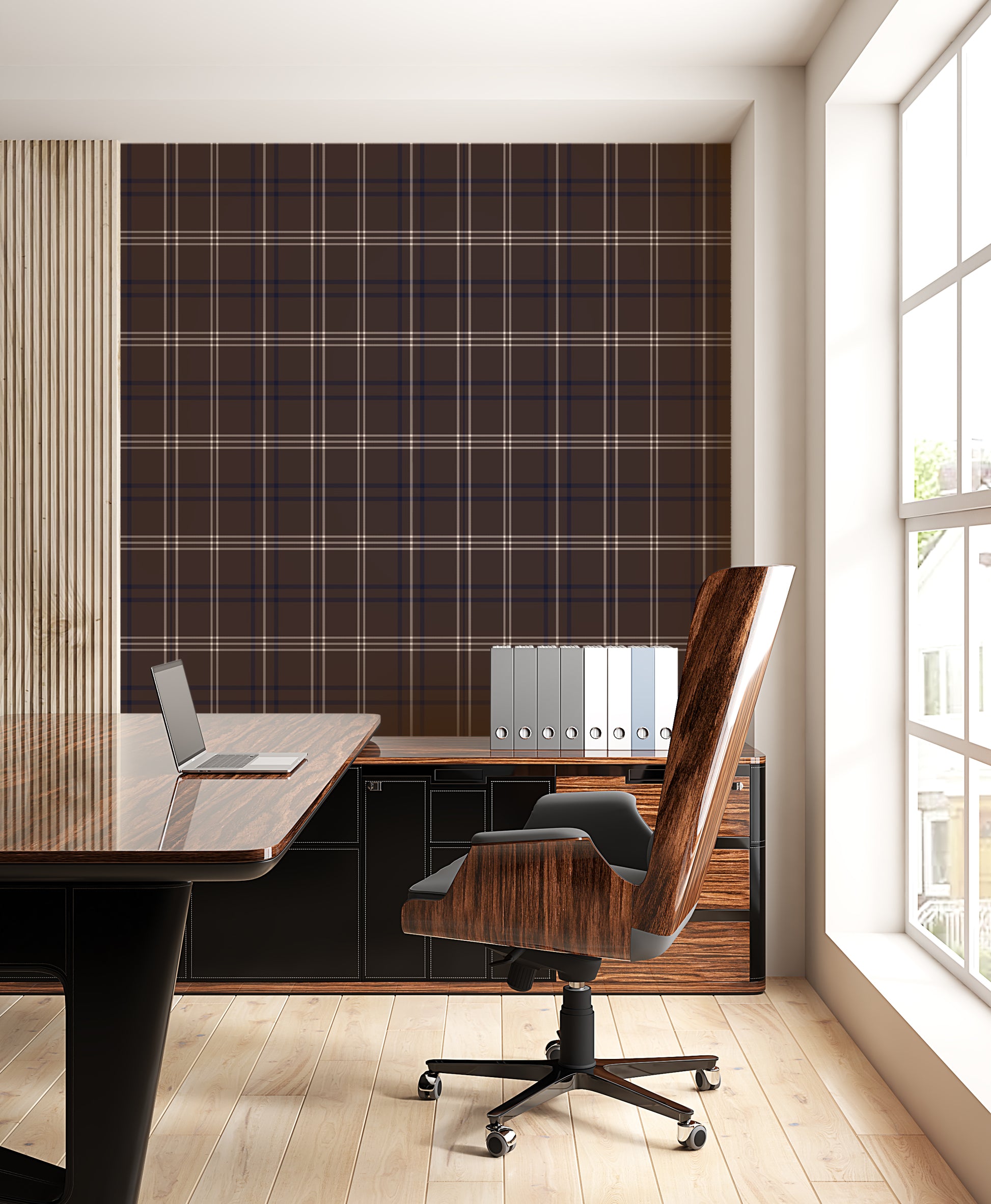 A bright, modern office features a desk setup with a brown plaid accent wall.
A glossy, dark wood desk holds an open laptop on its shiny surface.
Behind the desk, a matching storage cabinet holds a row of grey binders.
A high-backed office chair with a rich wood grain back faces the desk.
Light pours in from a large window on the right side of the room.
The room is complete with light-colored wood flooring and clean white walls.