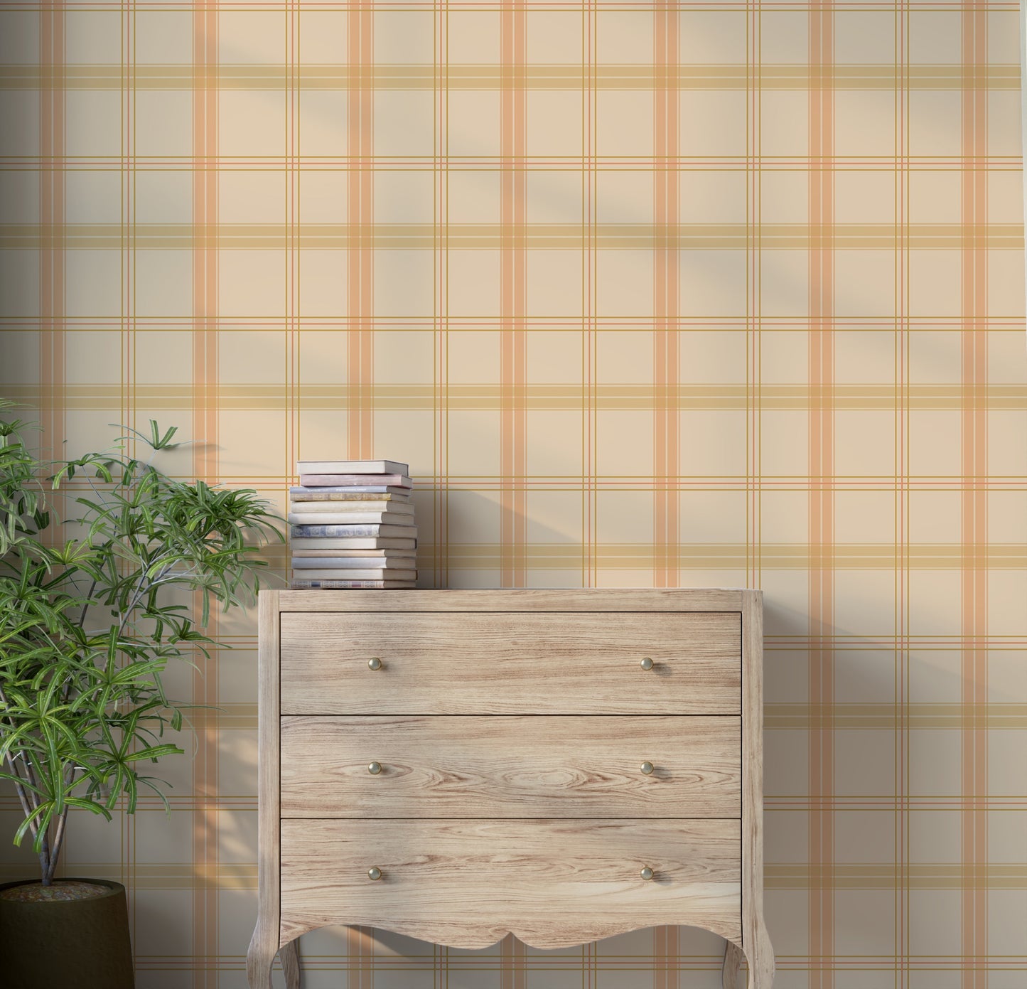 A warm interior space features a classic plaid wallpaper in soft tan and cream tones.
The textured design displays a detailed grid pattern with intersecting orange, yellow, and beige lines.
In front, a rustic wooden chest of drawers stands against the wall holding a stack of books.
The charming interior setting is completed by a leafy green potted plant placed on the left side.