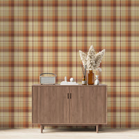 A modern living space featuring a warm terracotta orange, rust brown, and cream plaid wallpaper accent wall. Centered against the wall is a mid-century modern wooden sideboard cabinet with vertical fluted doors and tapered legs. On top of the cabinet rests a vintage-style portable radio on the left, a small stack of white books with a geometric sphere on them in the center, and a collection of amber and white glass bottles to the right, filled with dried pampas grass and reed diffusers.