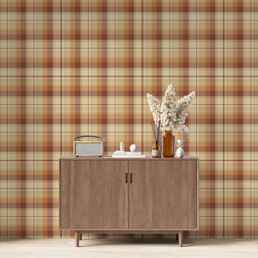 A modern living space featuring a warm terracotta orange, rust brown, and cream plaid wallpaper accent wall. Centered against the wall is a mid-century modern wooden sideboard cabinet with vertical fluted doors and tapered legs. On top of the cabinet rests a vintage-style portable radio on the left, a small stack of white books with a geometric sphere on them in the center, and a collection of amber and white glass bottles to the right, filled with dried pampas grass and reed diffusers.