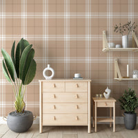 A stylish living area features a warm taupe brown and white plaid wallpaper.
The detailed design shows intersecting white and brown lines creating grids on a taupe base.
In front, a cream-colored wooden sideboard with woven rattan doors is centered nicely.
The serene setup is accented with a white desk lamp, pottery, and a leafy green plant.