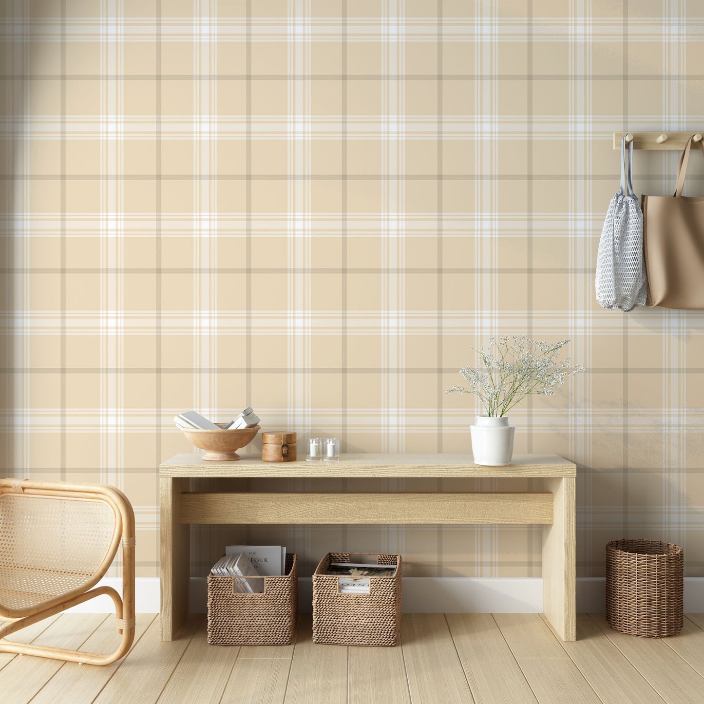 A stylish living area features a soft pale almond and off-white plaid wallpaper.
The detailed design shows intersecting light brown lines forming grids over a sandy base.
In front, a cream-colored wooden sideboard with woven rattan doors is centered nicely.
The serene setup is accented with a white desk lamp, pottery, and a leafy green plant.