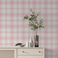 A charming living area features a soft baby pink and white plaid wallpaper.
The detailed design shows intersecting light pink lines forming grids over a light base.
In front, a cream-colored wooden sideboard with woven rattan doors is centered nicely.
The serene setup is accented with a white desk lamp, pottery, and a leafy green plant.