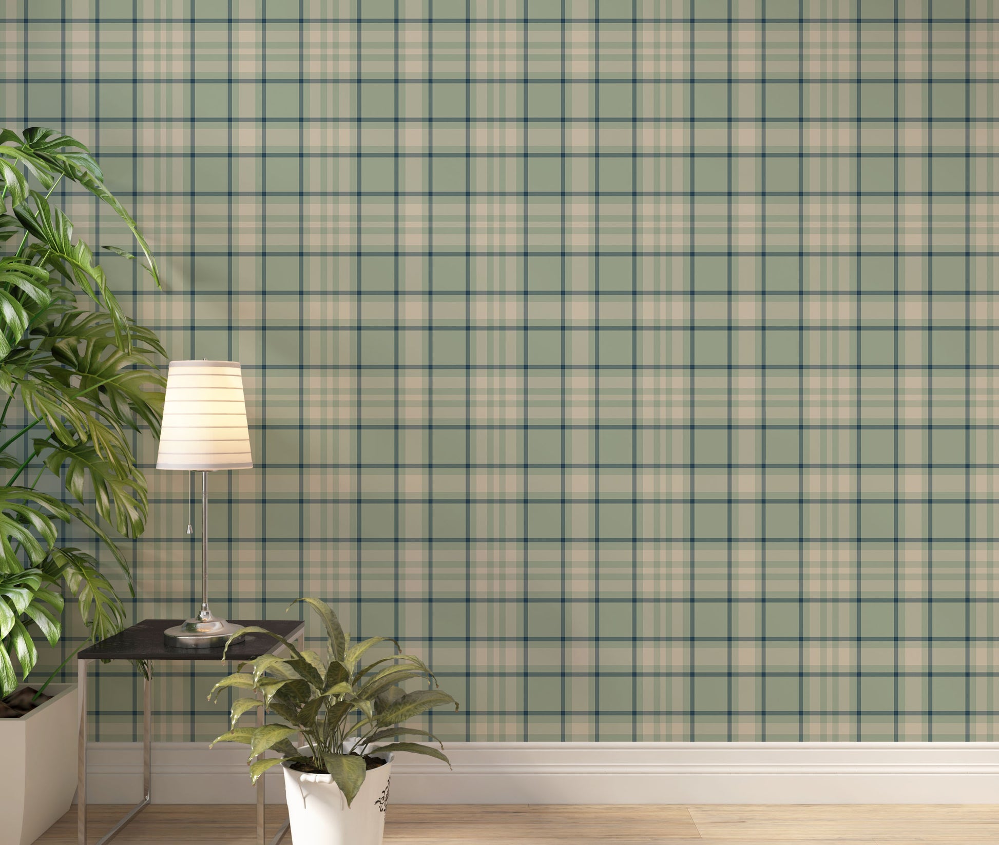 A light and airy living room featuring a vintage moss green, soft brown, and cream plaid wallpaper accent wall. In the foreground, a mid-century modern armchair with a pale mint-green cushion sits on a striped area rug. Behind the chair, a long light oak media console with open shelving displays books and potted succulents. To the right stands a matching small light oak bookshelf styled with white, beige, and black ceramic vases and a decorative white box.