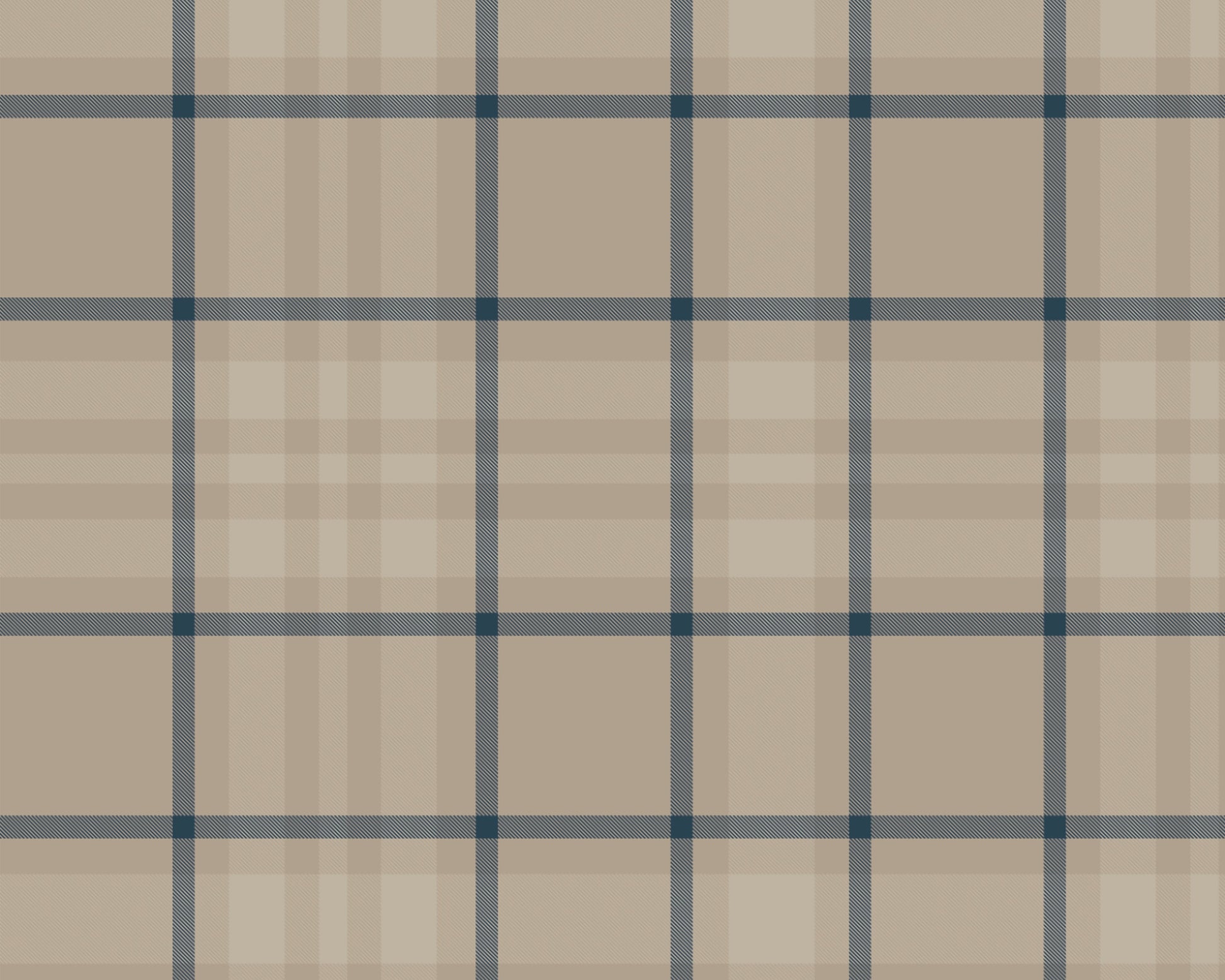 A modern living space featuring a warm soft caramel brown, beige, and cream plaid wallpaper accent wall. In the center, a light oak sideboard cabinet with wooden legs holds a small wooden tripod lamp, a geometric candle, and a round white ceramic vase with a single sprig of dried pampas grass. To the left, a woven basket sits on the light wood floor, filled with tall, fluffy pampas grass stalks and a draped blanket.