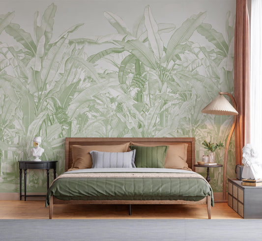 Mint Green banana leaf mural wallpaper installed as a feature wall in living room, dining room, and bedroom interiors with tropical botanical design.