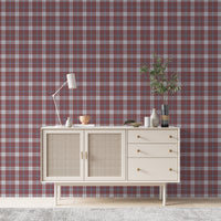 A cozy and styled room interior featuring a wall covered in a classic plaid wallpaper with a muted brick red background, crisscrossed with blue, grey, and white stripes. In the foreground, a cream-colored wooden sideboard with woven rattan mesh cabinet doors displays a modern white desk lamp, a small beige ceramic vase, a footed tan bowl sitting on a book, and a small decorative dish with dried botanicals.
