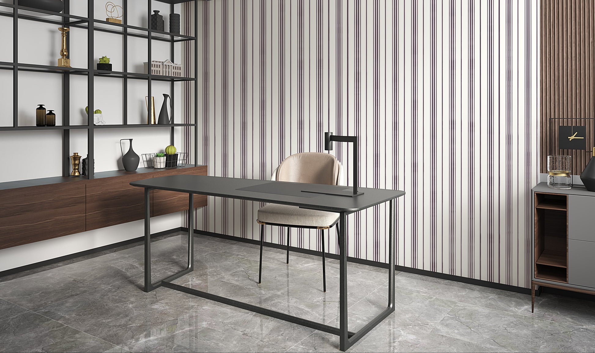 A close-up of a modern interior wall featuring thin vertical plum-colored stripes on a white background. On the right side, part of a contemporary side table displays a textured glass candle holder and a black clock with gold hands against a wood-paneled backdrop.