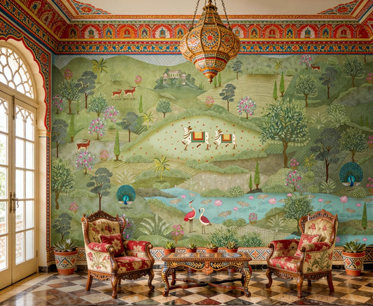 This Vrindavan Green pichwai mural features a lush, sacred landscape wallpaper design showcasing holy cows, vibrant peacocks, and cranes. The traditional Indian folk-art style depicts rolling green hills, lotus ponds, and blooming botanical details. Ideal as a cultural accent wall, this nature-inspired decor adds spiritual elegance to heritage interiors, pairing perfectly with ornate wooden furniture and traditional architectural motifs for a grand, storied atmosphere.