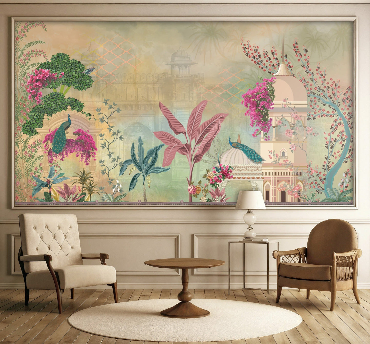 1353_DA Mayur Mahal Botanical Mural Wallpaper, Pastel Peach Palace Wall Design