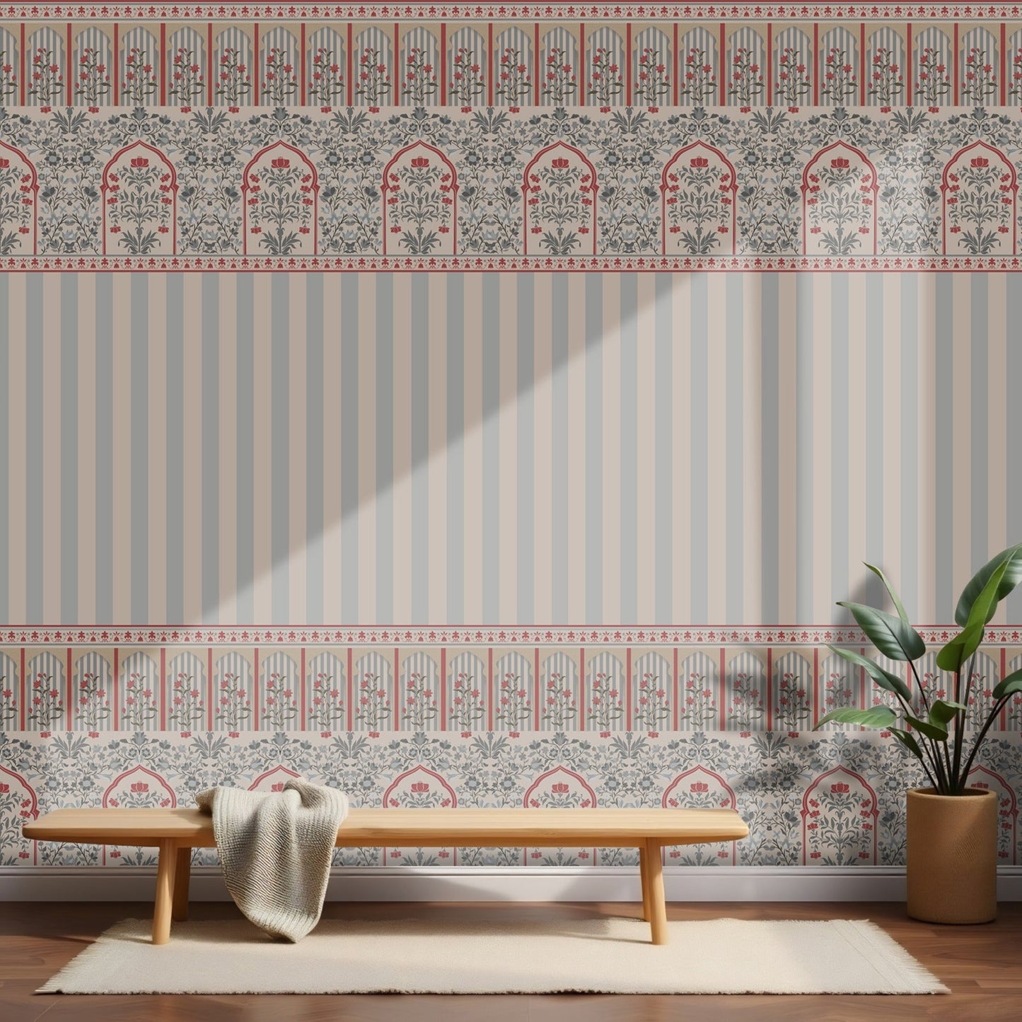 Rajmahal Floral Stripe Wallpaper and  Blue Grey Palace Wall styled in a room behind a light wood bench with a blanket and a potted plant, as seen.