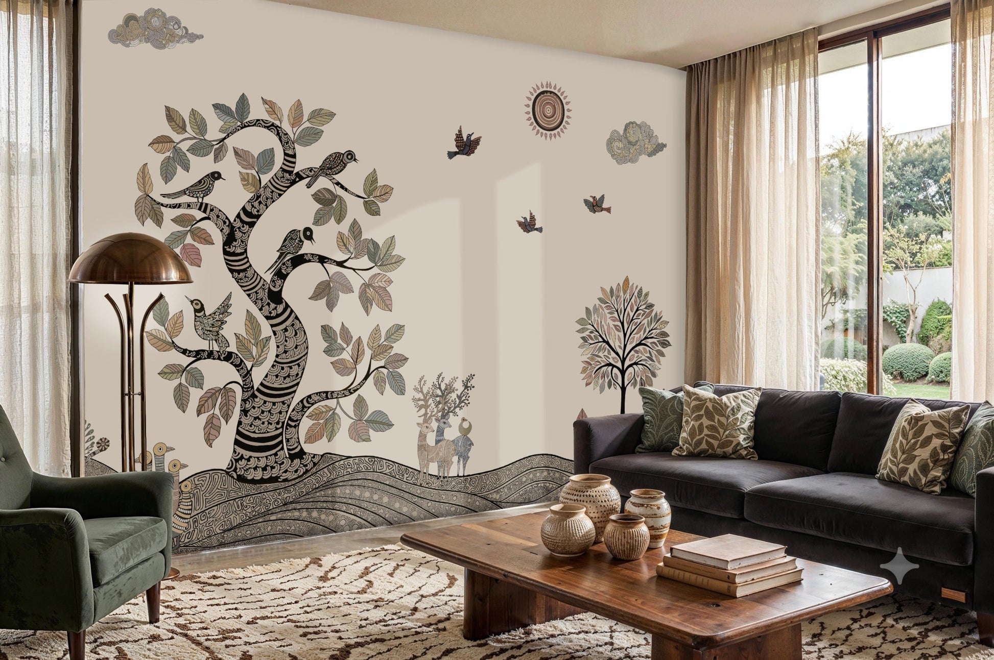 Vanvaani Gond Forest mural wallpaper in beige and black featuring intricate Gond-inspired tree, birds, wildlife motifs, and flowing patterns on a living room feature wall.