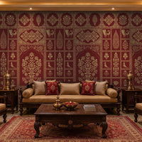 Vintage royal red and ochre ornate floral wall mural featuring intricate heritage-inspired floral patterns, decorative arches, bird motifs, and traditional Indian design elements in an elegant living room setting.