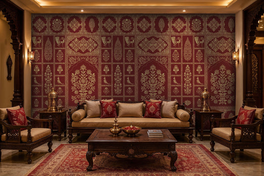 Vintage royal red and ochre ornate floral wall mural featuring intricate heritage-inspired floral patterns, decorative arches, bird motifs, and traditional Indian design elements in an elegant living room setting.
