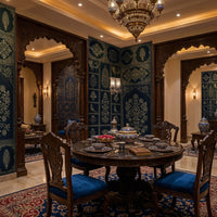 Vintage deep indigo and ochre ornate floral wall mural featuring intricate botanical motifs, decorative medallions, stylized birds, and heritage-inspired patterns in a luxurious dining room interior.