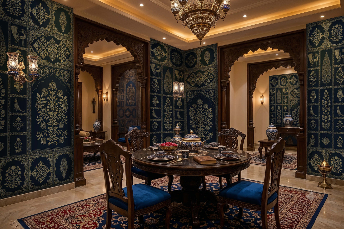 Vintage deep indigo and ochre ornate floral wall mural featuring intricate botanical motifs, decorative medallions, stylized birds, and heritage-inspired patterns in a luxurious dining room interior.