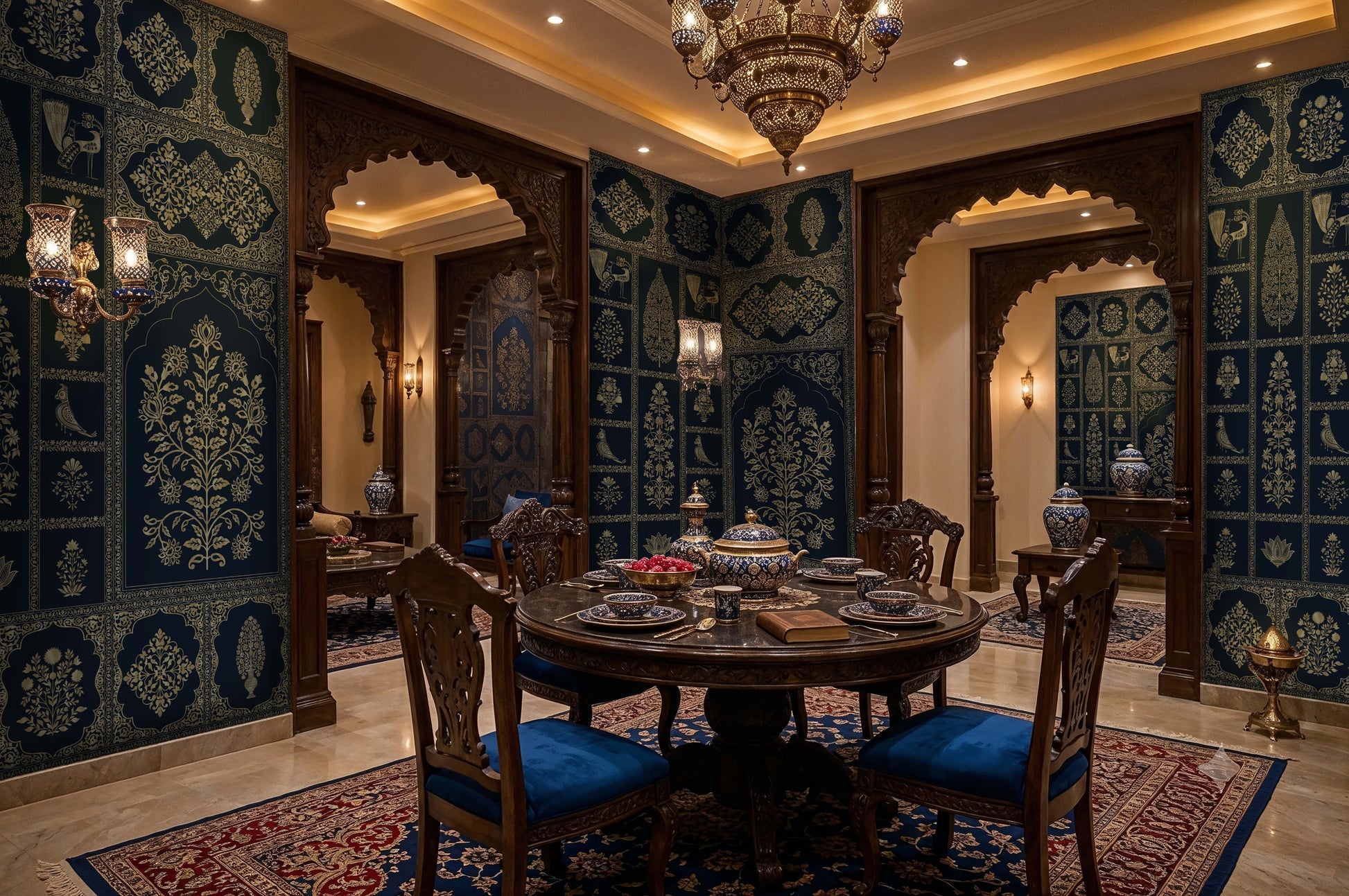 Vintage deep indigo and ochre ornate floral wall mural featuring intricate botanical motifs, decorative medallions, stylized birds, and heritage-inspired patterns in a luxurious dining room interior.