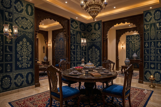 Vintage deep indigo and ochre ornate floral wall mural featuring intricate botanical motifs, decorative medallions, stylized birds, and heritage-inspired patterns in a luxurious dining room interior.