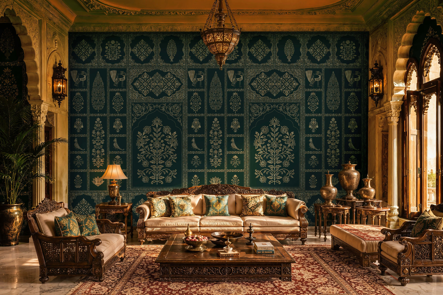 Luxurious living room with traditional Indian-inspired design, featuring intricately carved dark-wood sofas and chairs arranged around a large wooden coffee table on a richly patterned rug. A dramatic teal wall with ornate silver floral and geometric motifs forms the backdrop, illuminated by warm lanterns and an elaborate hanging chandelier. Decorative brass urns, embroidered cushions, and carved architectural details frame the space, while sunlight streams through arched windows.