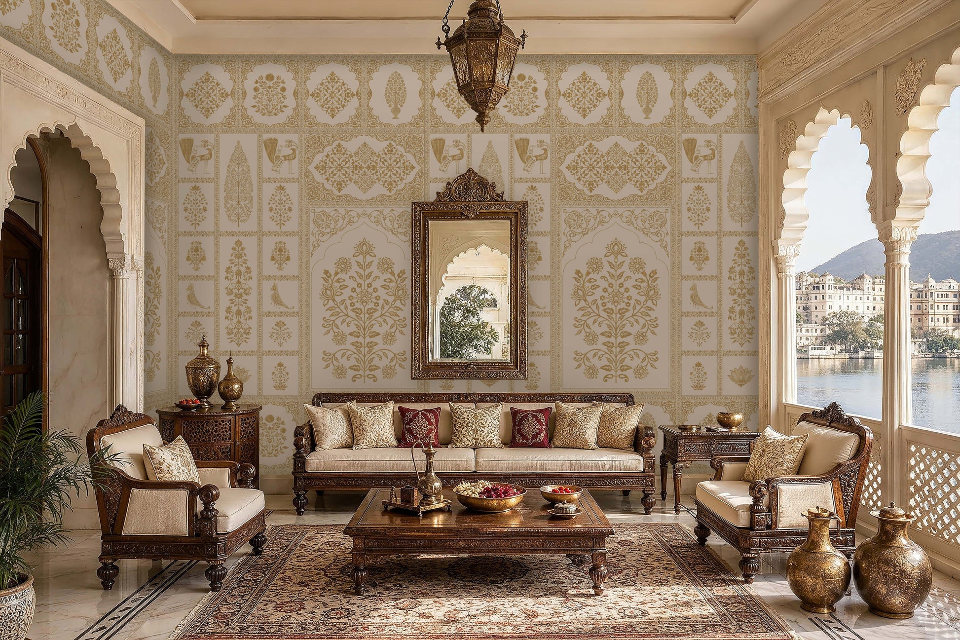 Elegant living room inspired by traditional Indian palace architecture, featuring carved dark-wood seating with cream upholstery arranged around a wooden coffee table. The walls are covered in intricate white-and-gold floral and geometric patterns, complemented by an ornate framed mirror and a hanging lantern. Arched doorways and large scalloped windows overlook a lakeside palace and distant hills. Decorative brass vessels, patterned cushions, and a richly detailed area rug add warmth and luxury to the spac