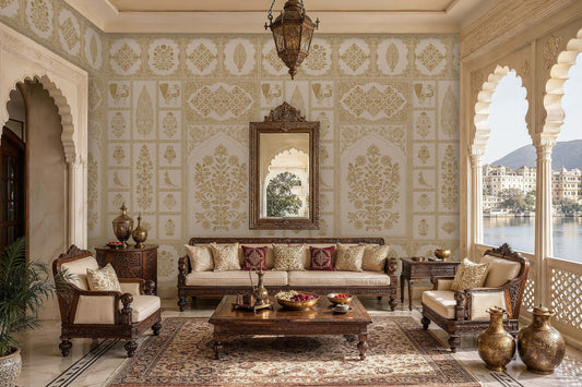 Elegant living room inspired by traditional Indian palace architecture, featuring carved dark-wood seating with cream upholstery arranged around a wooden coffee table. The walls are covered in intricate white-and-gold floral and geometric patterns, complemented by an ornate framed mirror and a hanging lantern. Arched doorways and large scalloped windows overlook a lakeside palace and distant hills. Decorative brass vessels, patterned cushions, and a richly detailed area rug add warmth and luxury to the spac