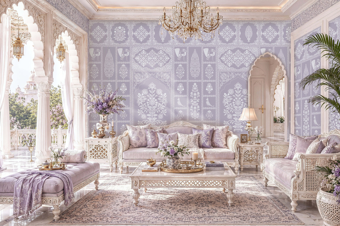 Elegant, light-filled living room inspired by Indian palace architecture, featuring carved white archways, crystal chandeliers, and lavender-patterned wallpaper with floral and peacock motifs. Ornate whitewashed furniture with lavender cushions surrounds a carved coffee table on a pale patterned rug. Large arched openings reveal a sunlit terrace and garden, while floral arrangements, decorative lanterns, and potted palms enhance the soft, luxurious atmosphere.