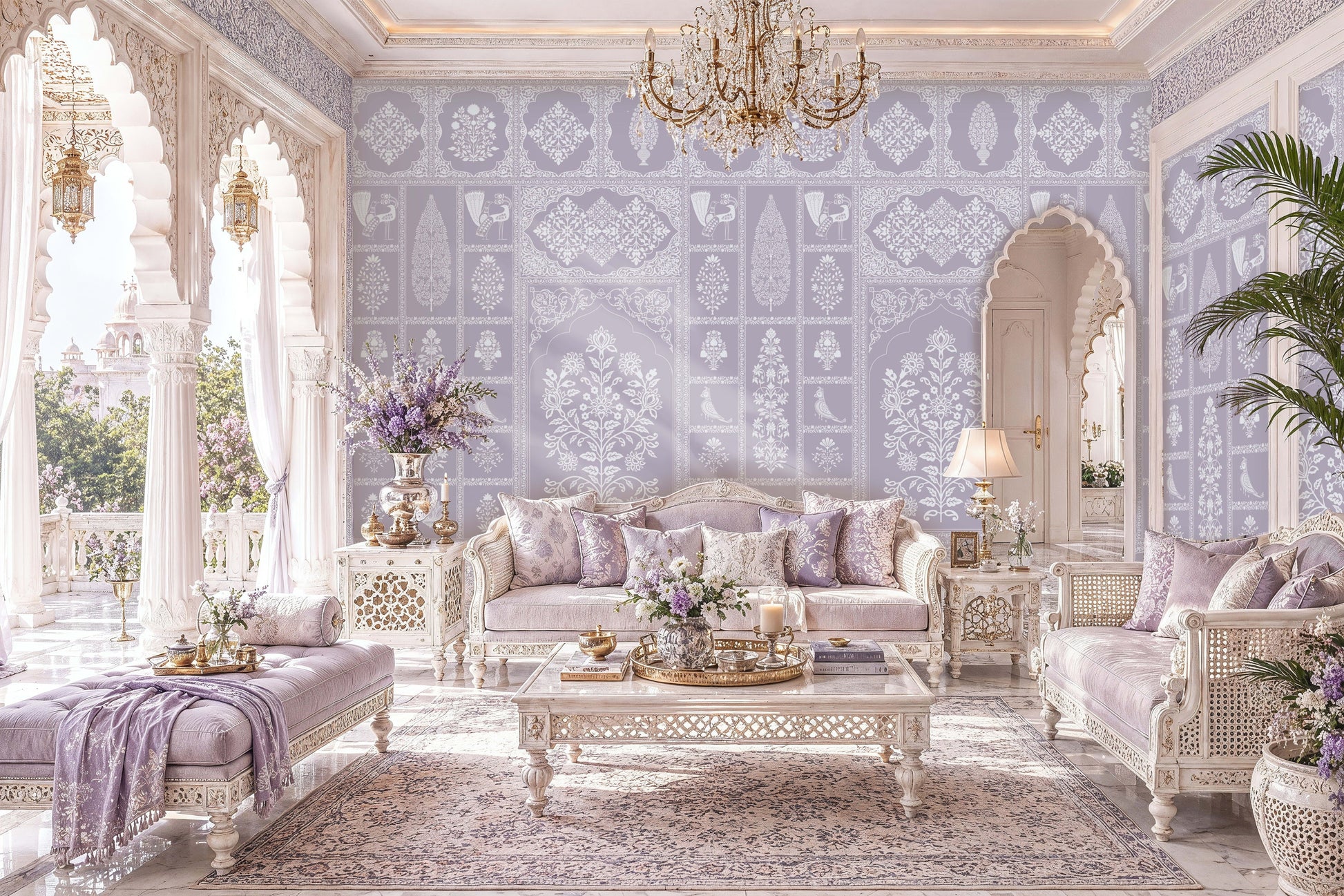 Elegant, light-filled living room inspired by Indian palace architecture, featuring carved white archways, crystal chandeliers, and lavender-patterned wallpaper with floral and peacock motifs. Ornate whitewashed furniture with lavender cushions surrounds a carved coffee table on a pale patterned rug. Large arched openings reveal a sunlit terrace and garden, while floral arrangements, decorative lanterns, and potted palms enhance the soft, luxurious atmosphere.