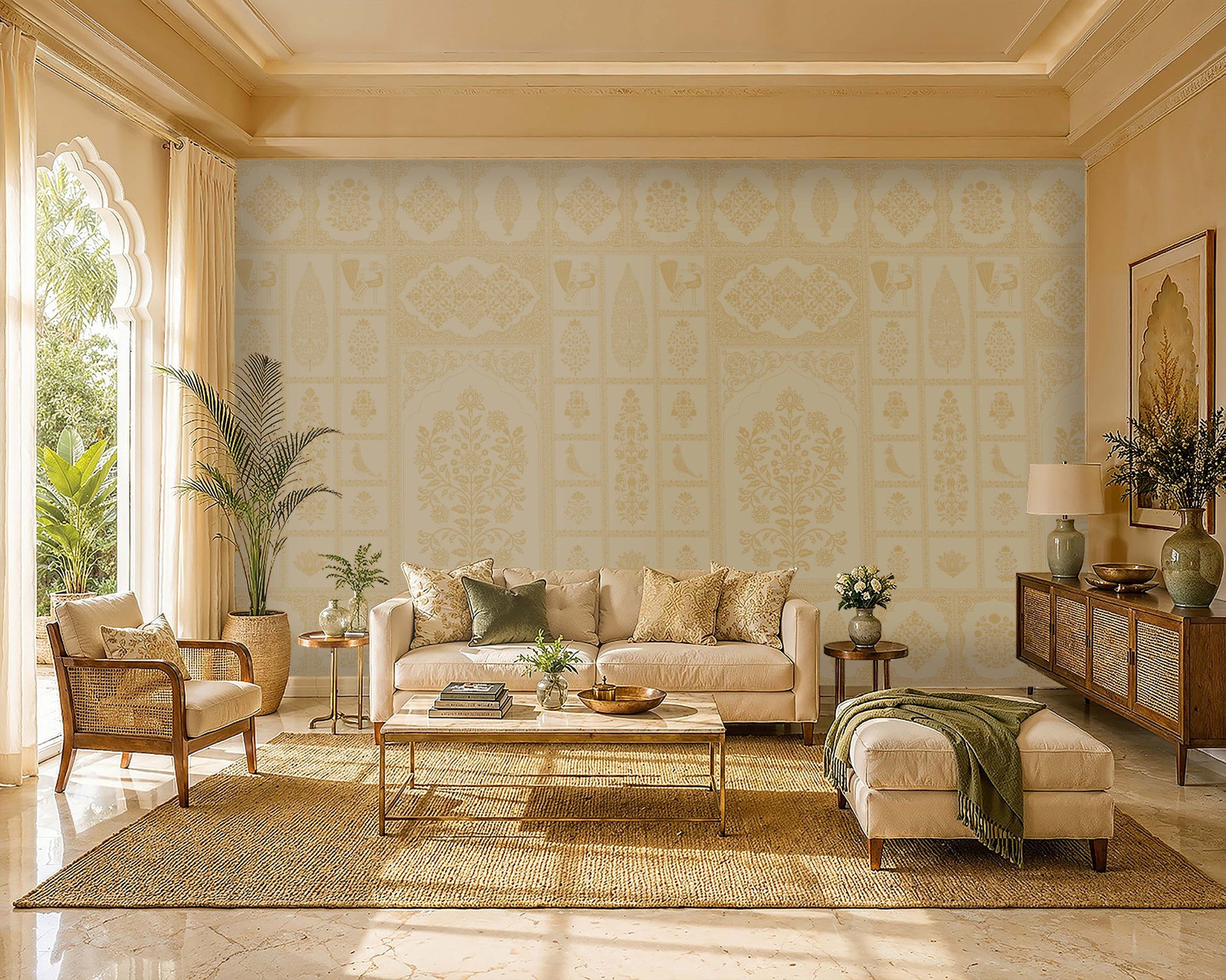 Bright, elegant living room with warm natural light streaming through an arched window. A cream sofa sits against a decorative beige-and-white patterned feature wall, flanked by potted plants and small side tables. Natural textures, including a woven rattan armchair, jute area rug, and wooden sideboard, create a relaxed, upscale aesthetic. Green accent pillows, ceramics, and fresh flowers add subtle color, while a marble floor and coffered ceiling enhance the room’s refined, airy feel.