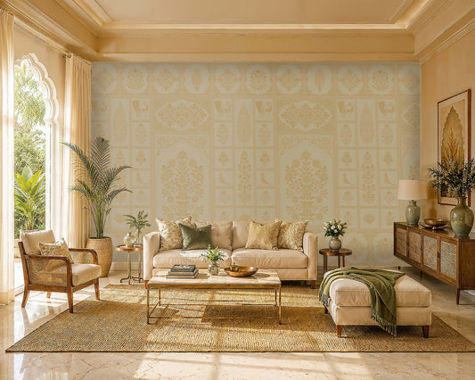 Bright, elegant living room with warm natural light streaming through an arched window. A cream sofa sits against a decorative beige-and-white patterned feature wall, flanked by potted plants and small side tables. Natural textures, including a woven rattan armchair, jute area rug, and wooden sideboard, create a relaxed, upscale aesthetic. Green accent pillows, ceramics, and fresh flowers add subtle color, while a marble floor and coffered ceiling enhance the room’s refined, airy feel.