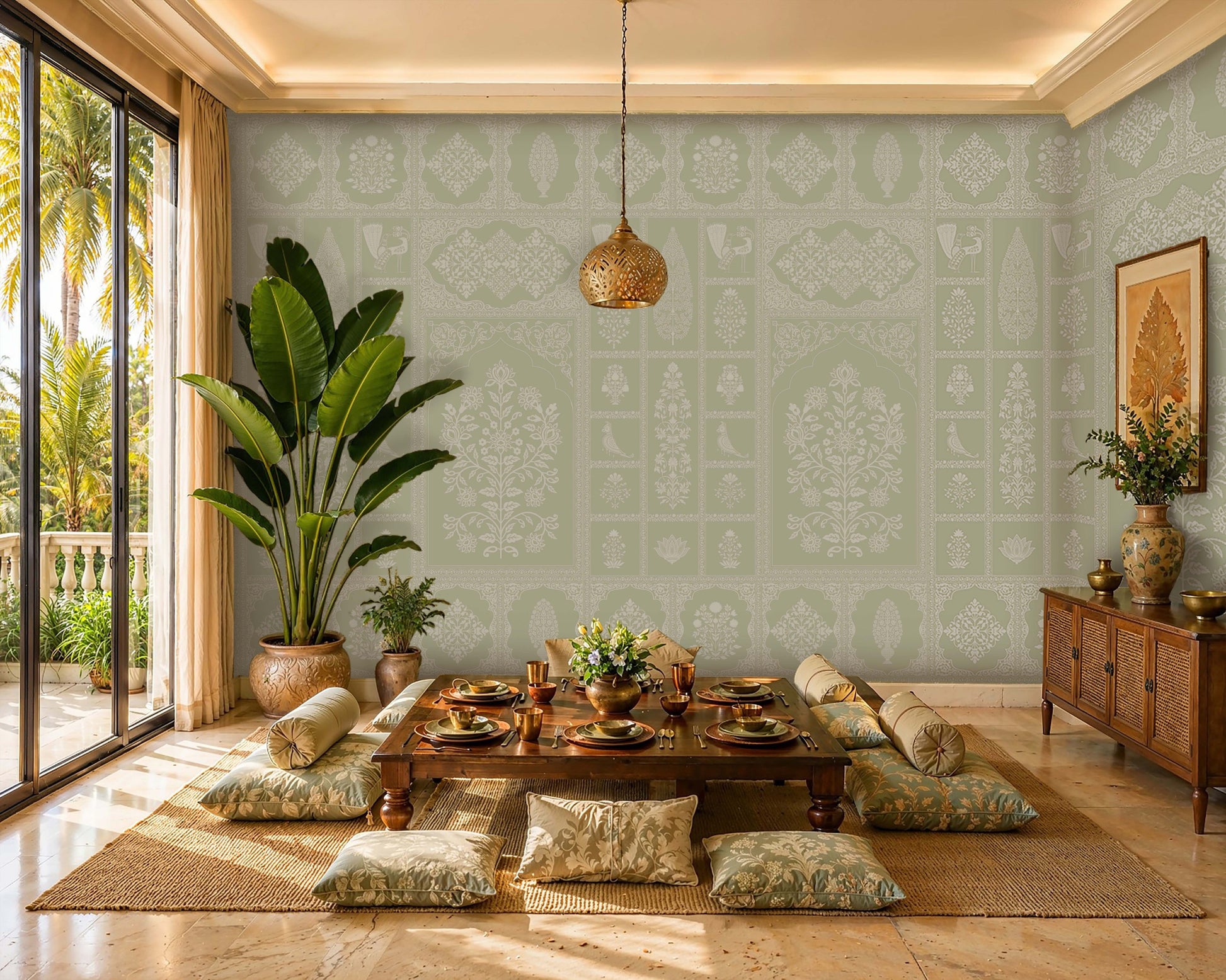 Sunlit tropical dining room with a low wooden table set for a meal on a woven rug, surrounded by floor cushions. Soft sage-green patterned wallpaper covers the walls, while large potted plants, warm brass accents, and a carved pendant light create a relaxed, elegant atmosphere. Floor-to-ceiling glass doors open to a lush palm-filled outdoor view.