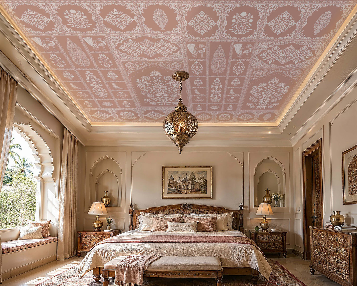 Luxurious traditional bedroom featuring a decorative blush pink ceiling wallpaper with intricate white floral, botanical, and Mughal-inspired motifs arranged in elegant geometric panels. The room showcases carved wooden furniture, a grand upholstered bed dressed in soft cream and blush bedding, matching ornate bedside tables, and a vintage-inspired bench. A large Moroccan-style pendant lantern hangs from the center of the ceiling, while natural sunlight streams through an arched window seat, illuminating th