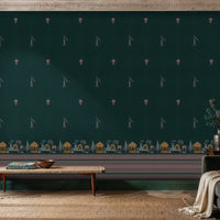 Royal Garden Heritage Wallpaper in Peacock Teal featuring delicate heritage motifs, floral accents, and a decorative palace-inspired border in antique gold and mauve, styled in a sophisticated living room with classic architecture, dark velvet seating, wooden furniture, and natural textures.
