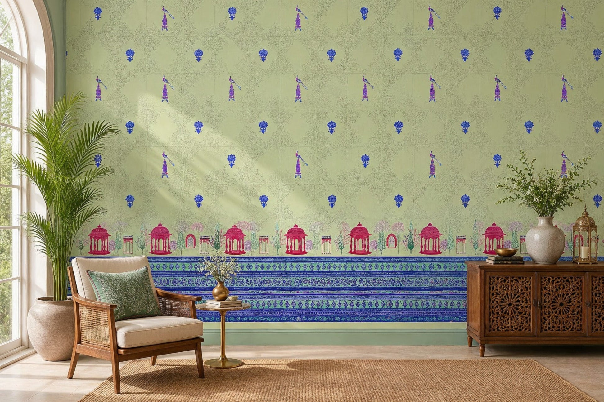 Royal Garden Heritage Wallpaper in Pistachio Green featuring intricate floral motifs, elegant peacock-inspired details, and decorative Mughal garden architecture borders in royal blue and rani pink, styled in a bright living room with cane furniture, carved wooden cabinetry, indoor plants, and natural woven textures.