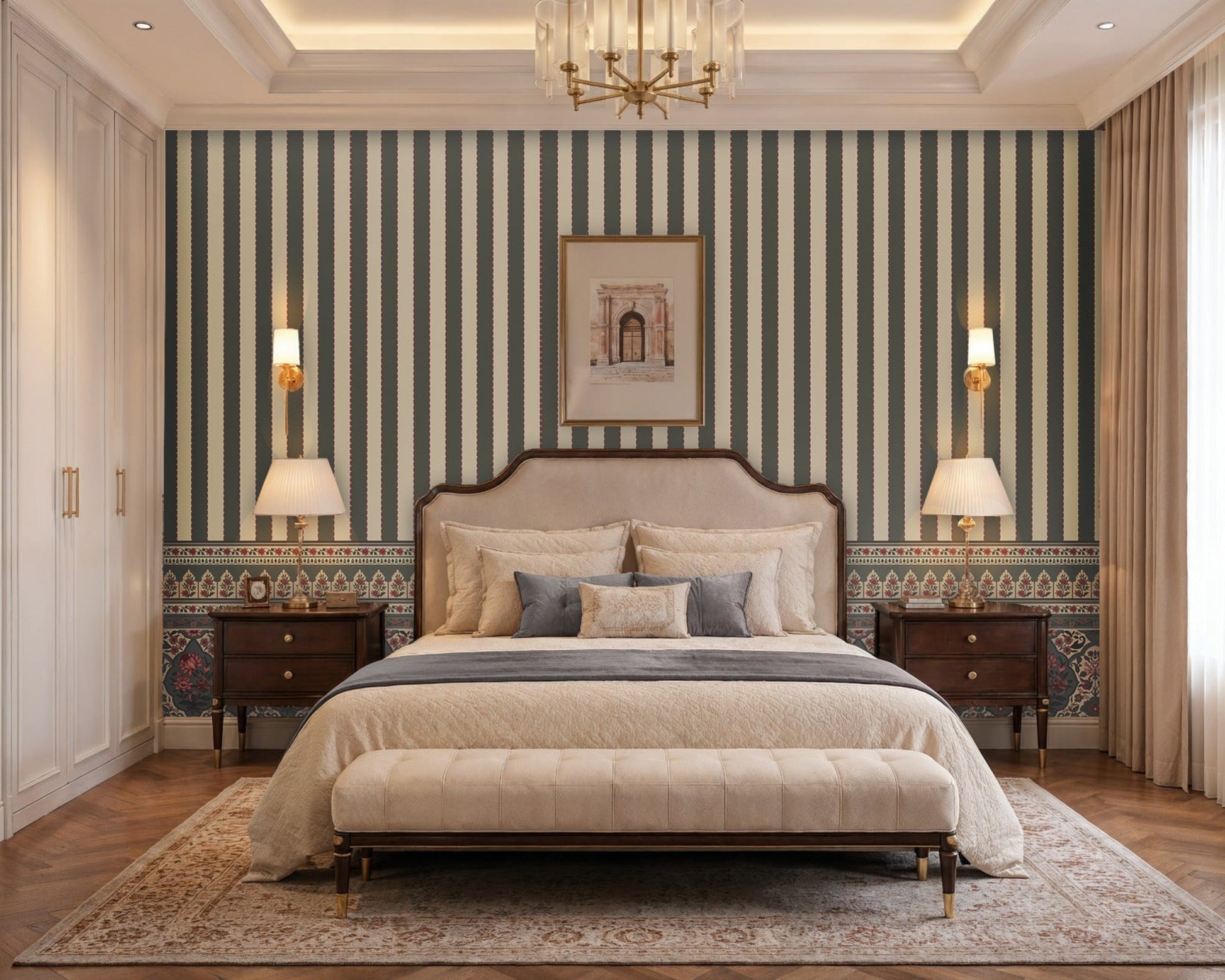 Elegant bedroom featuring 1371_DA Rajmahal Heritage Stripe Wallpaper in slate grey with classic vertical stripes, decorative heritage border, upholstered bed, wooden nightstands, and warm luxury interior décor.