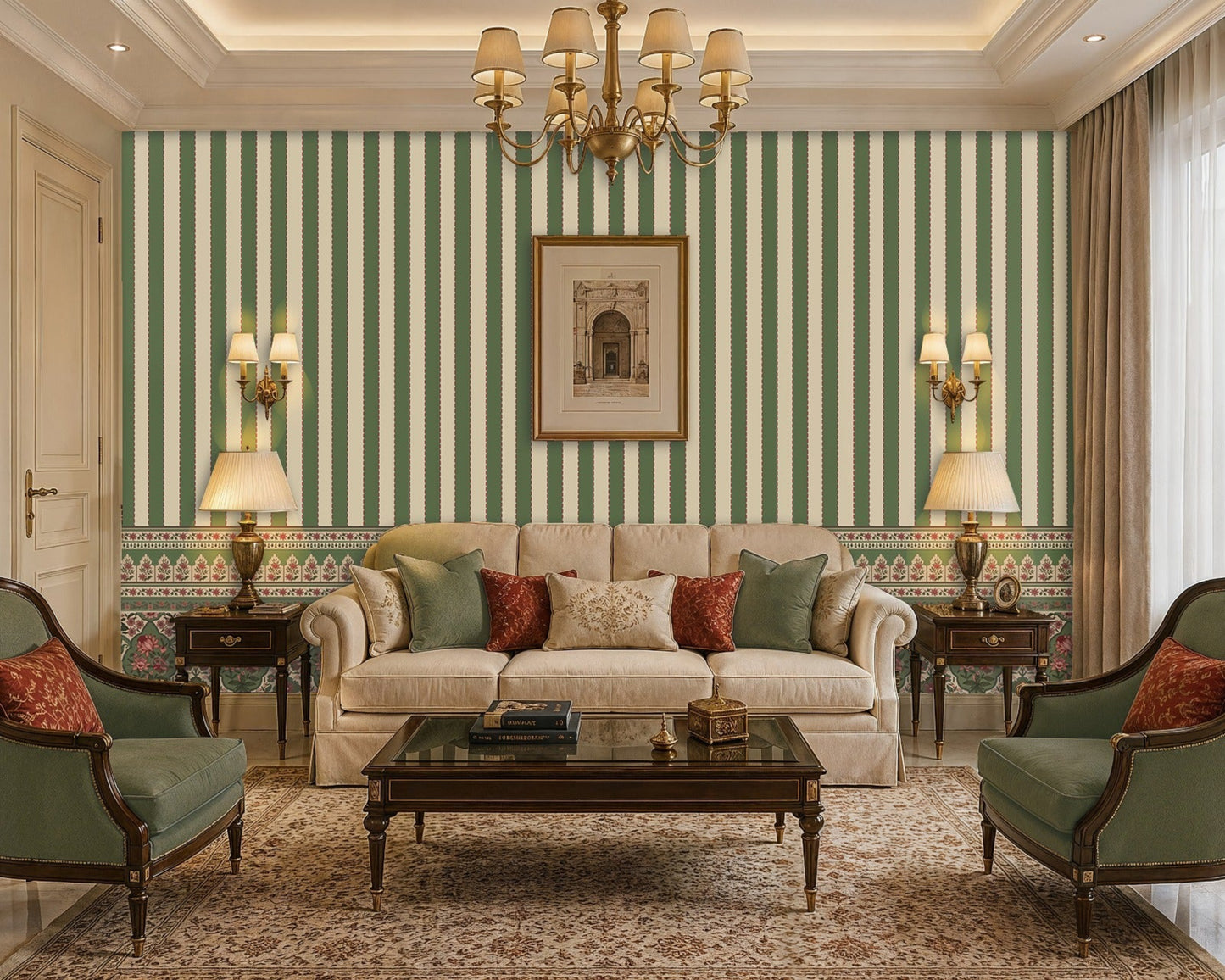 Elegant traditional living room featuring heritage-inspired green and cream striped wallpaper with decorative floral border, classic beige sofa, vintage wooden coffee table, green accent armchairs, warm brass lighting, and sophisticated timeless décor.