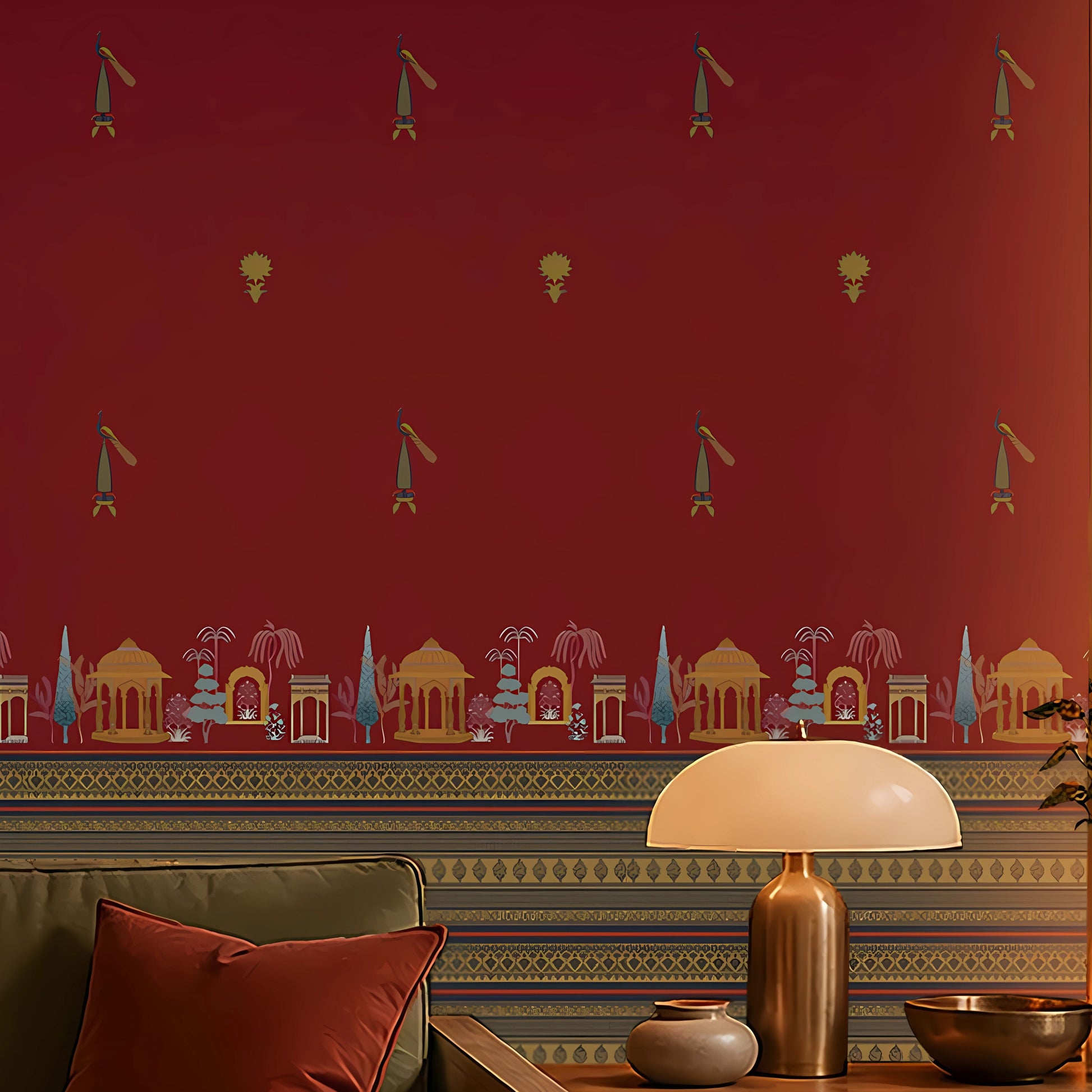 Close-up of a deep red wallpaper featuring small repeating traditional motifs and an ornate illustrated border depicting pavilions, trees, and architectural elements in gold and muted tones. In the foreground, part of an olive-green sofa with a burgundy cushion sits beside a wooden sideboard topped with a modern brass table lamp and decorative bowls, creating a warm and sophisticated Indian-inspired interior setting.

