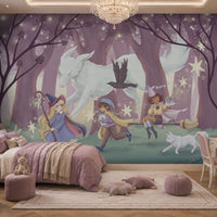 The Guardian Fox kids mural wallpaper featuring a mystical white fox, young adventurers, sparkling stars, and an enchanted lavender forest, styled in a whimsical children's bedroom with soft pink décor and storybook-inspired furnishings.