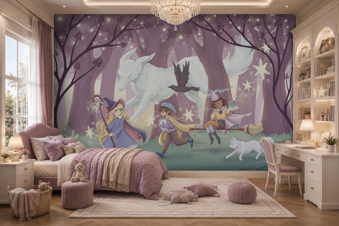 The Guardian Fox kids mural wallpaper featuring a mystical white fox, young adventurers, sparkling stars, and an enchanted lavender forest, styled in a whimsical children's bedroom with soft pink décor and storybook-inspired furnishings.