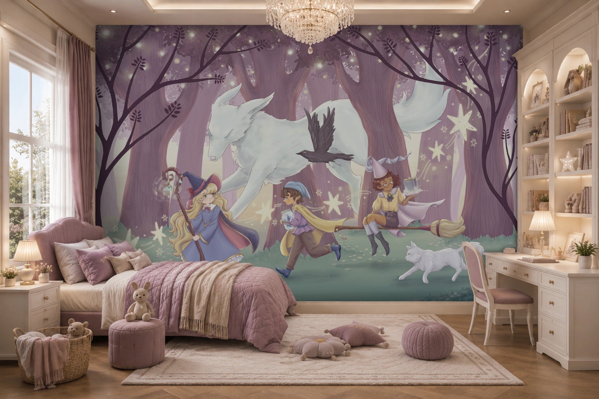 The Guardian Fox kids mural wallpaper featuring a mystical white fox, young adventurers, sparkling stars, and an enchanted lavender forest, styled in a whimsical children's bedroom with soft pink décor and storybook-inspired furnishings.