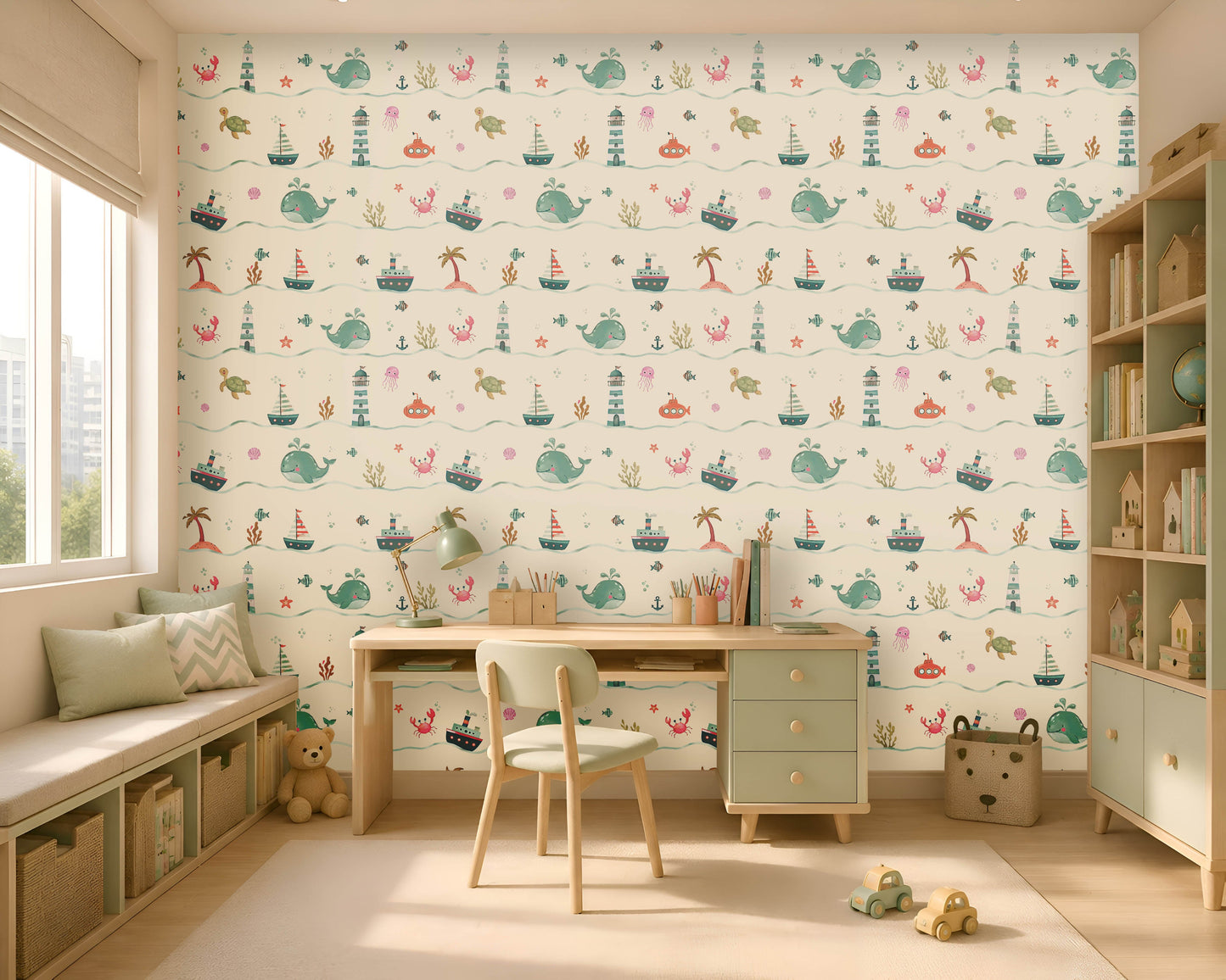 A bright, modern children's study room with a feature wall covered in whimsical nautical wallpaper. The wallpaper has a repeating pattern of whales, lighthouses, sailboats, ships, sea turtles, crabs, jellyfish, submarines, anchors, coral, and palm trees in soft pastel shades of teal, coral, mint, and beige. In front of the wall is a light wood desk with a mint-green chair and matching drawer unit, along with a desk lamp, books, and stationery. A window seat with cushions sits to the left,