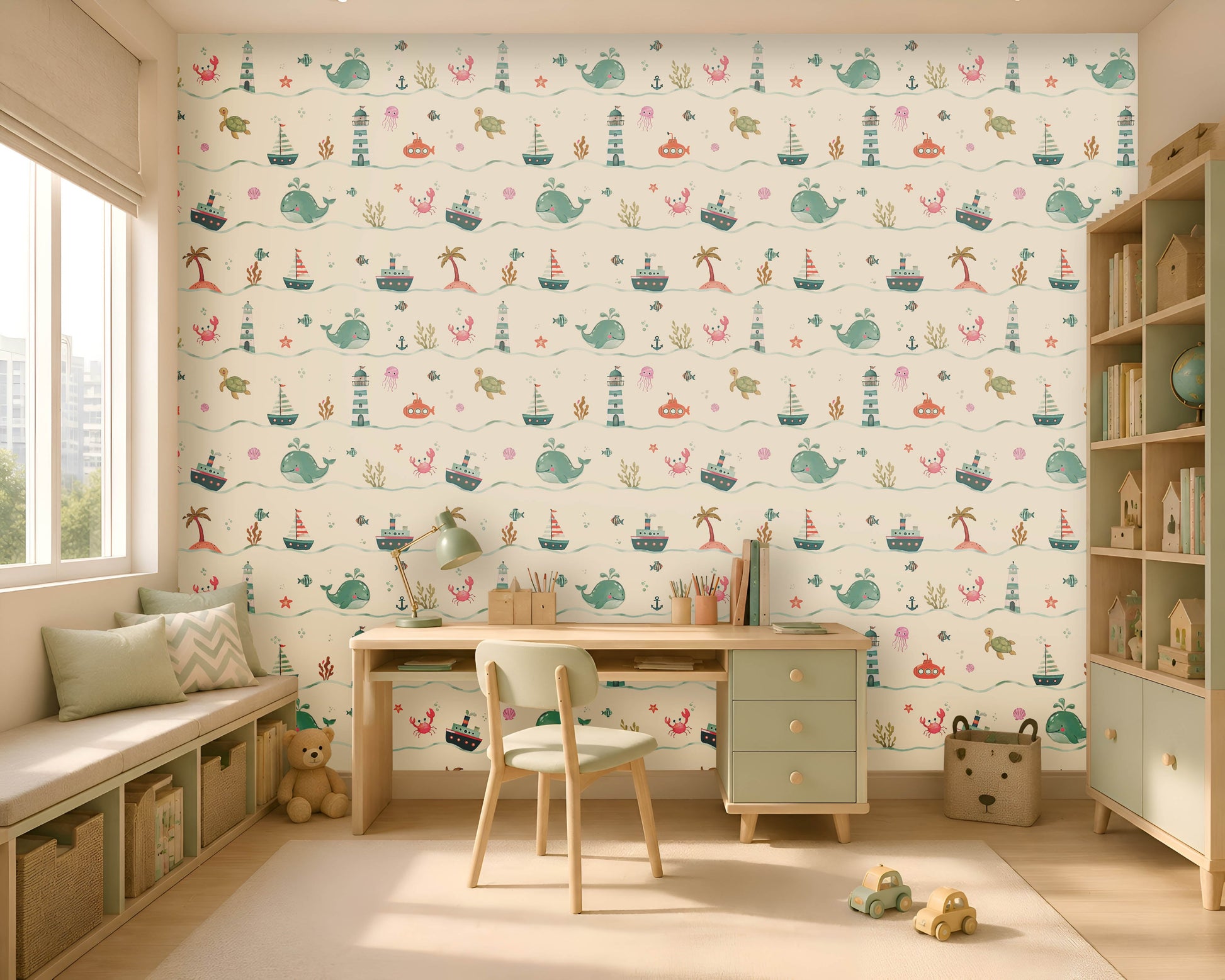 A bright, modern children's study room with a feature wall covered in whimsical nautical wallpaper. The wallpaper has a repeating pattern of whales, lighthouses, sailboats, ships, sea turtles, crabs, jellyfish, submarines, anchors, coral, and palm trees in soft pastel shades of teal, coral, mint, and beige. In front of the wall is a light wood desk with a mint-green chair and matching drawer unit, along with a desk lamp, books, and stationery. A window seat with cushions sits to the left,