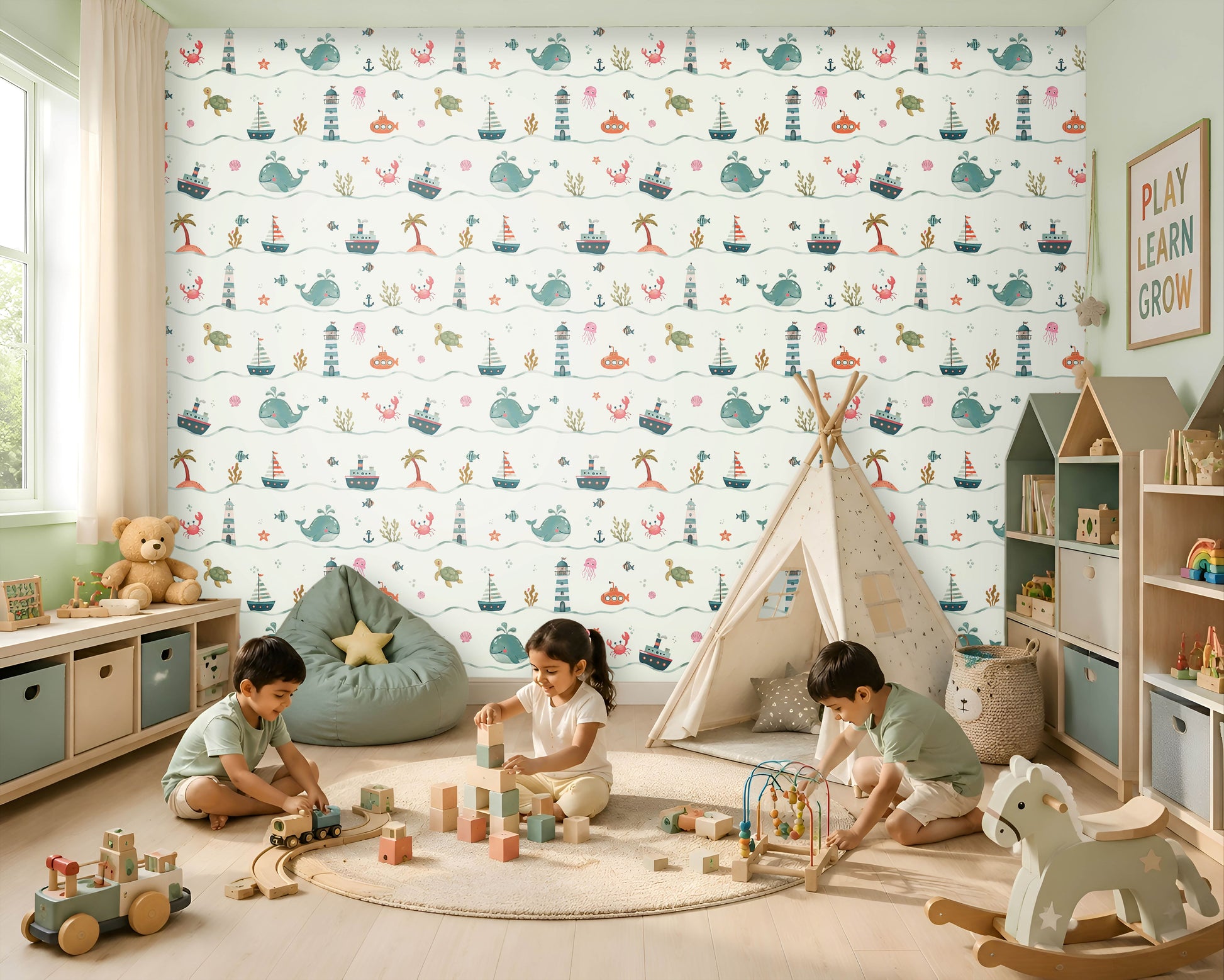 A bright, cheerful children's playroom featuring a nautical-themed wallpaper with a repeating pattern of whales, lighthouses, sailboats, ships, sea turtles, crabs, jellyfish, submarines, anchors, coral, and palm trees in soft pastel shades of teal, coral, mint, and beige. Three young children sit on a round rug playing with wooden blocks, a toy train, and a bead maze. The room includes a canvas play tent, a mint-green bean bag, a wooden rocking horse, open shelving filled with books and toys