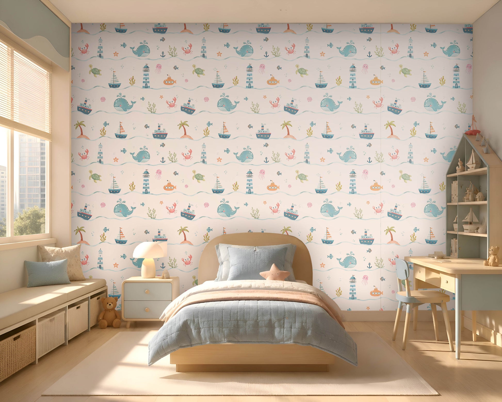 Little Mariners kids wallpaper in a soft pastel color way featuring playful whales, sailboats, lighthouses, turtles, submarines, and sea creatures, styled in a bright children's bedroom with light blue bedding and nautical-inspired décor.