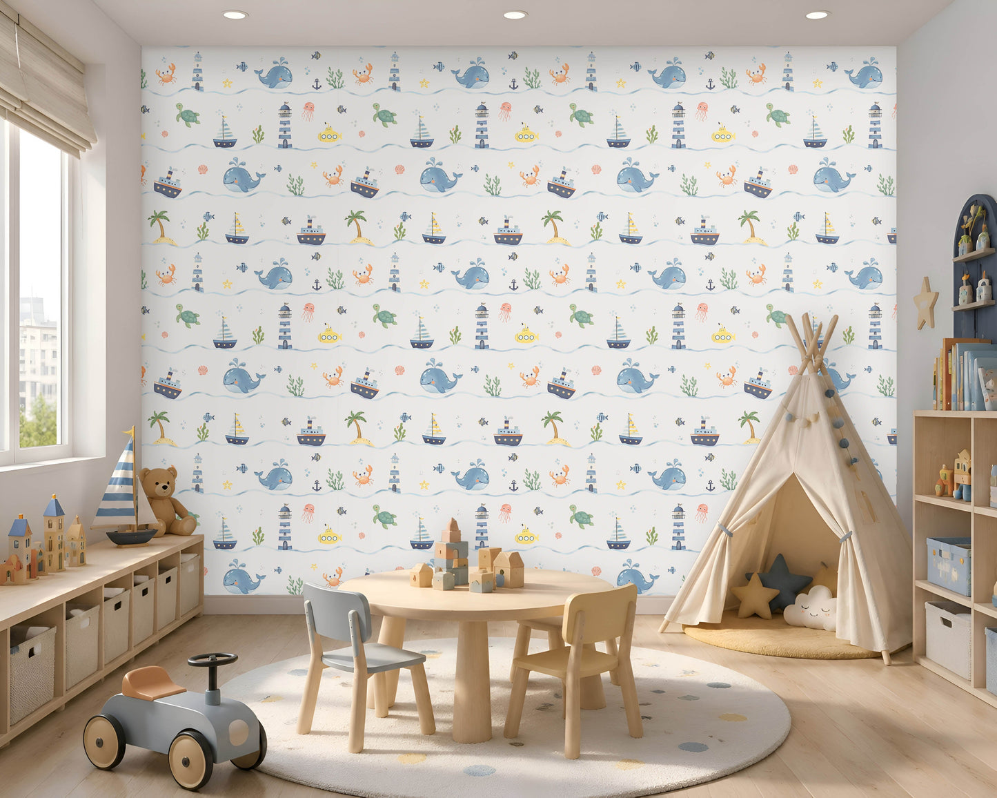 Little Mariners kids wallpaper in a soft misty grey color way featuring playful whales, sailboats, lighthouses, turtles, submarines, and sea creatures, styled in a modern playroom with a teepee tent, wooden toys, and Scandinavian-inspired décor.