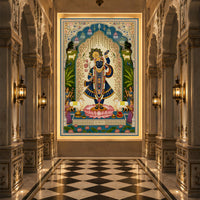 Traditional Pichwai-inspired mural wallpaper featuring Lord Krishna standing on a pink lotus beneath an ornate floral arch, surrounded by peacocks, sacred cows, and botanical motifs, displayed in a luxurious palace-style hallway.