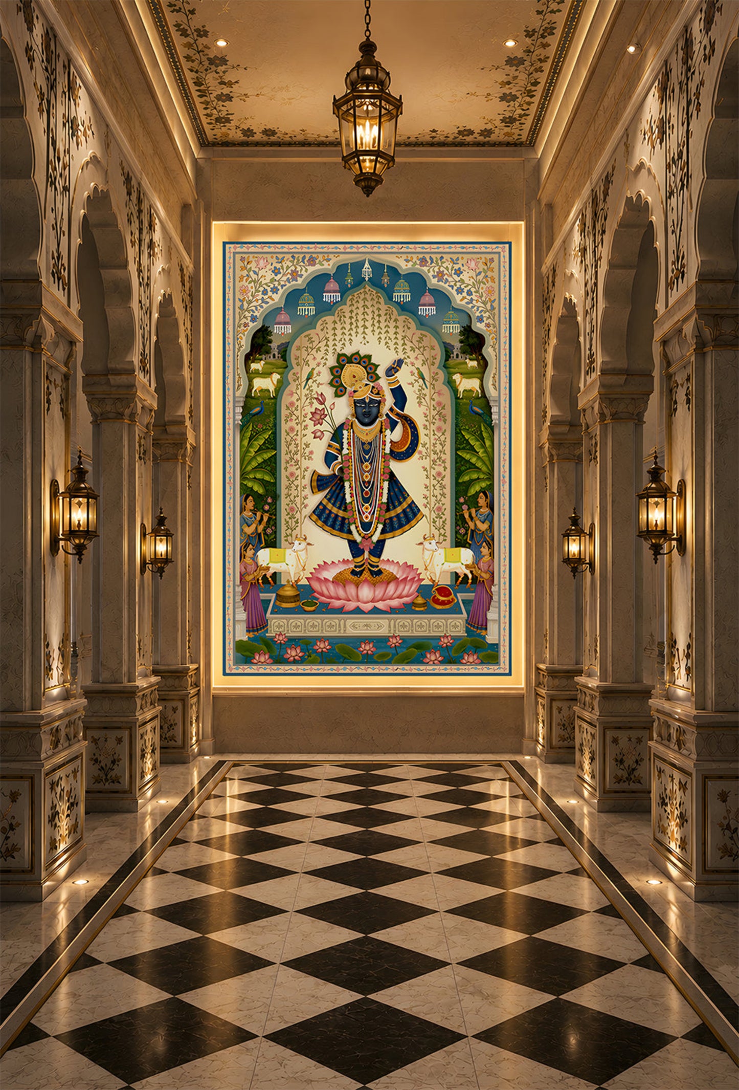 Traditional Pichwai-inspired mural wallpaper featuring Lord Krishna standing on a pink lotus beneath an ornate floral arch, surrounded by peacocks, sacred cows, and botanical motifs, displayed in a luxurious palace-style hallway.